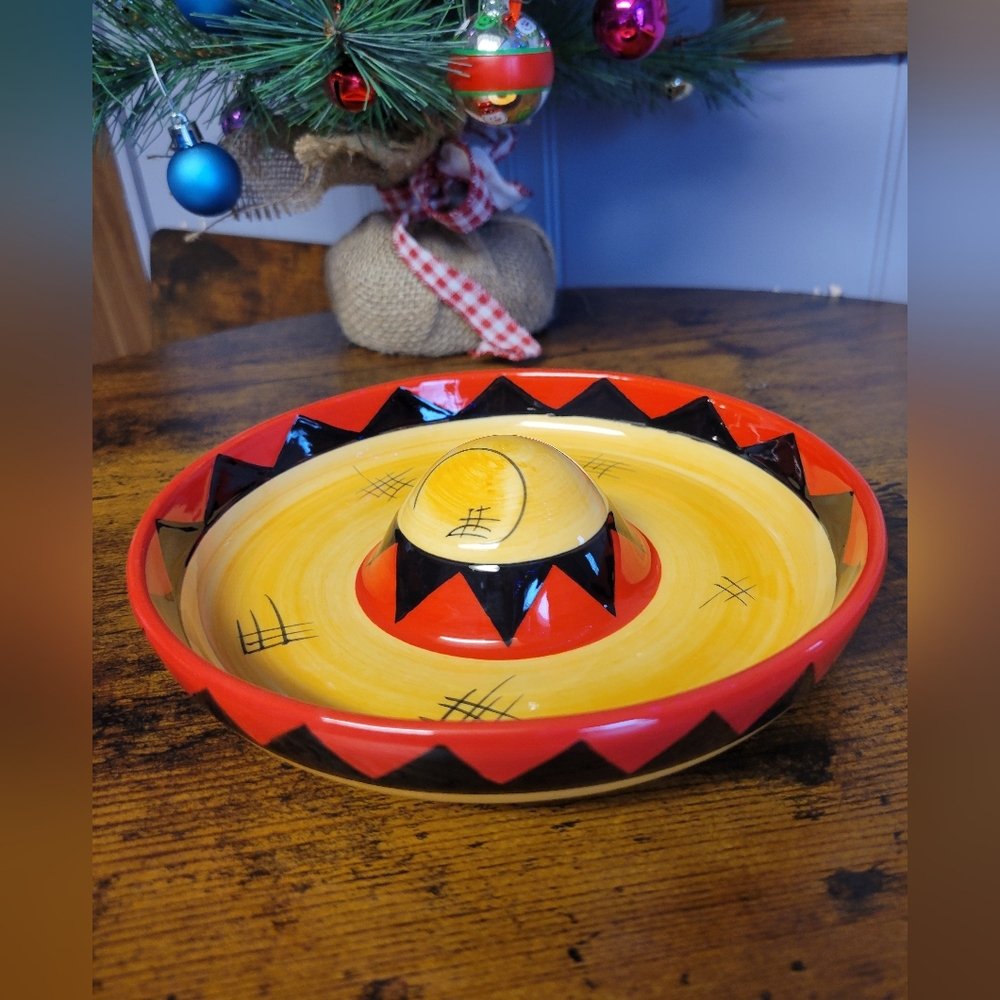 Clay Art Mexican ceramic Sombreo snack tray-yellow/red